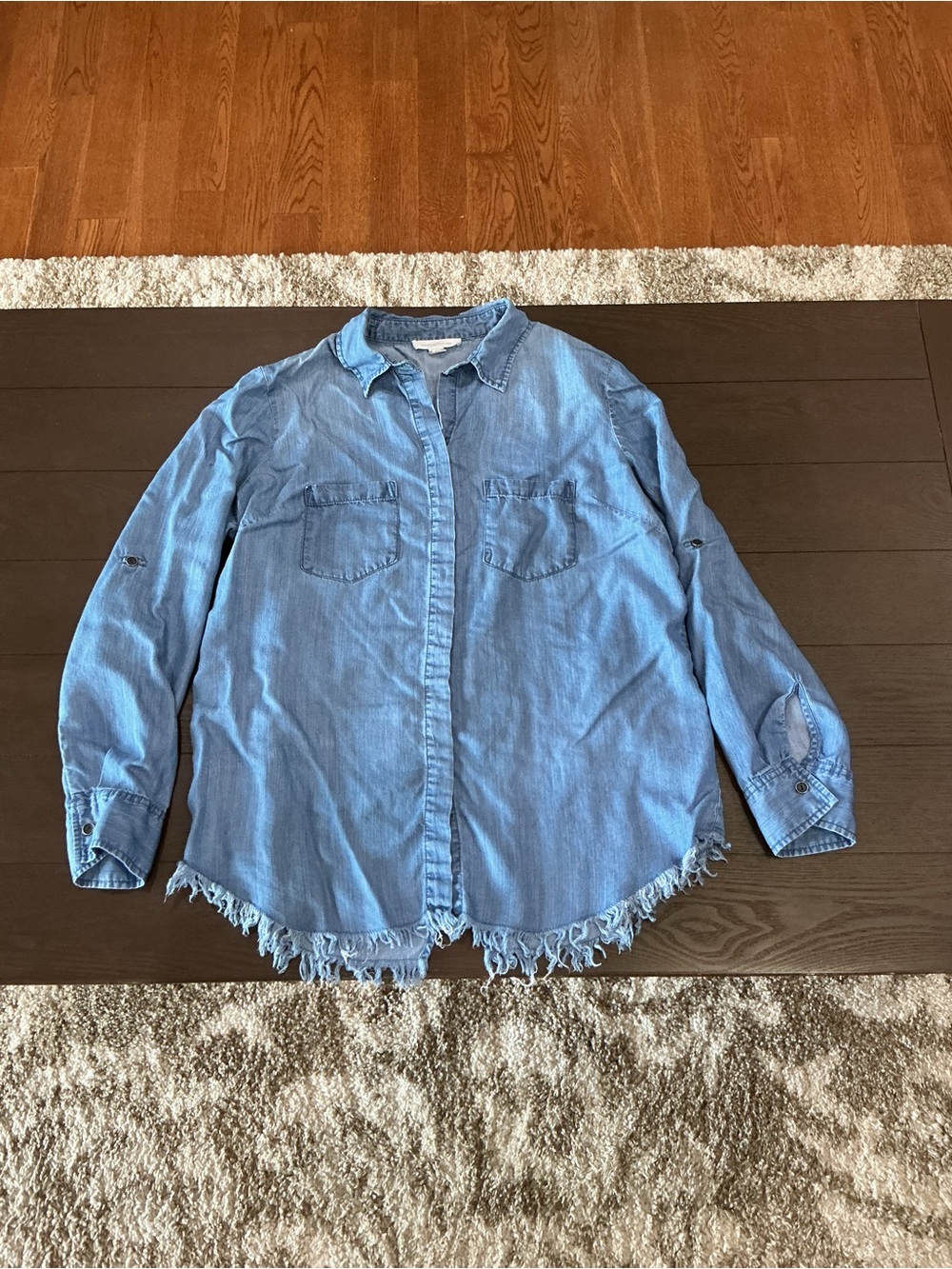 beachlunchlounge Light Blue Denim Button-Down Shirt with Frayed Hem